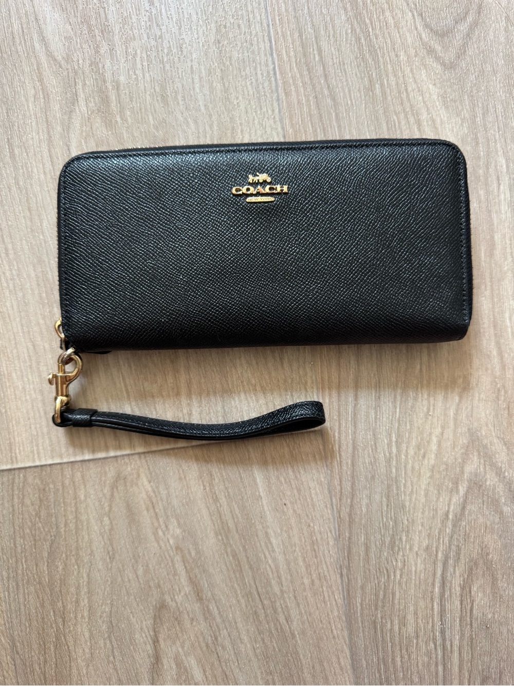 Coach Black Leather Zip-Around Wristlet with Gold Logo